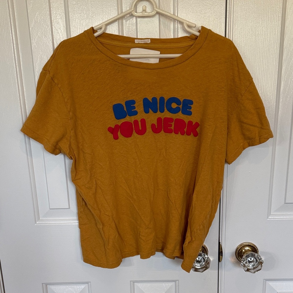 MOTHER Mustard Tee with Blue and Red Text